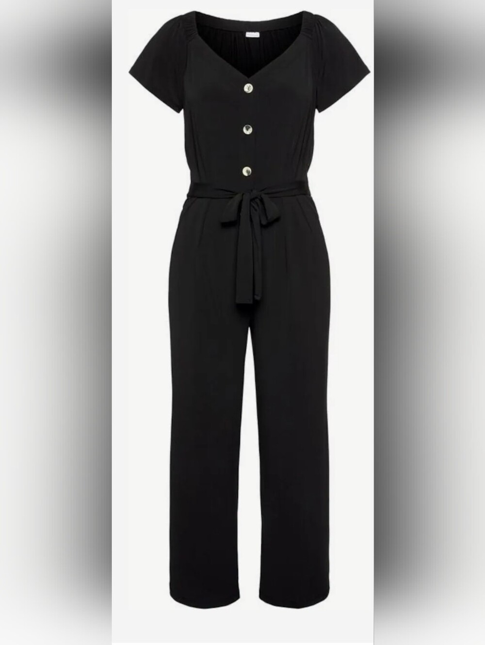 Lascana Black V-Neck Short Sleeve Jumpsuit with Waist Tie